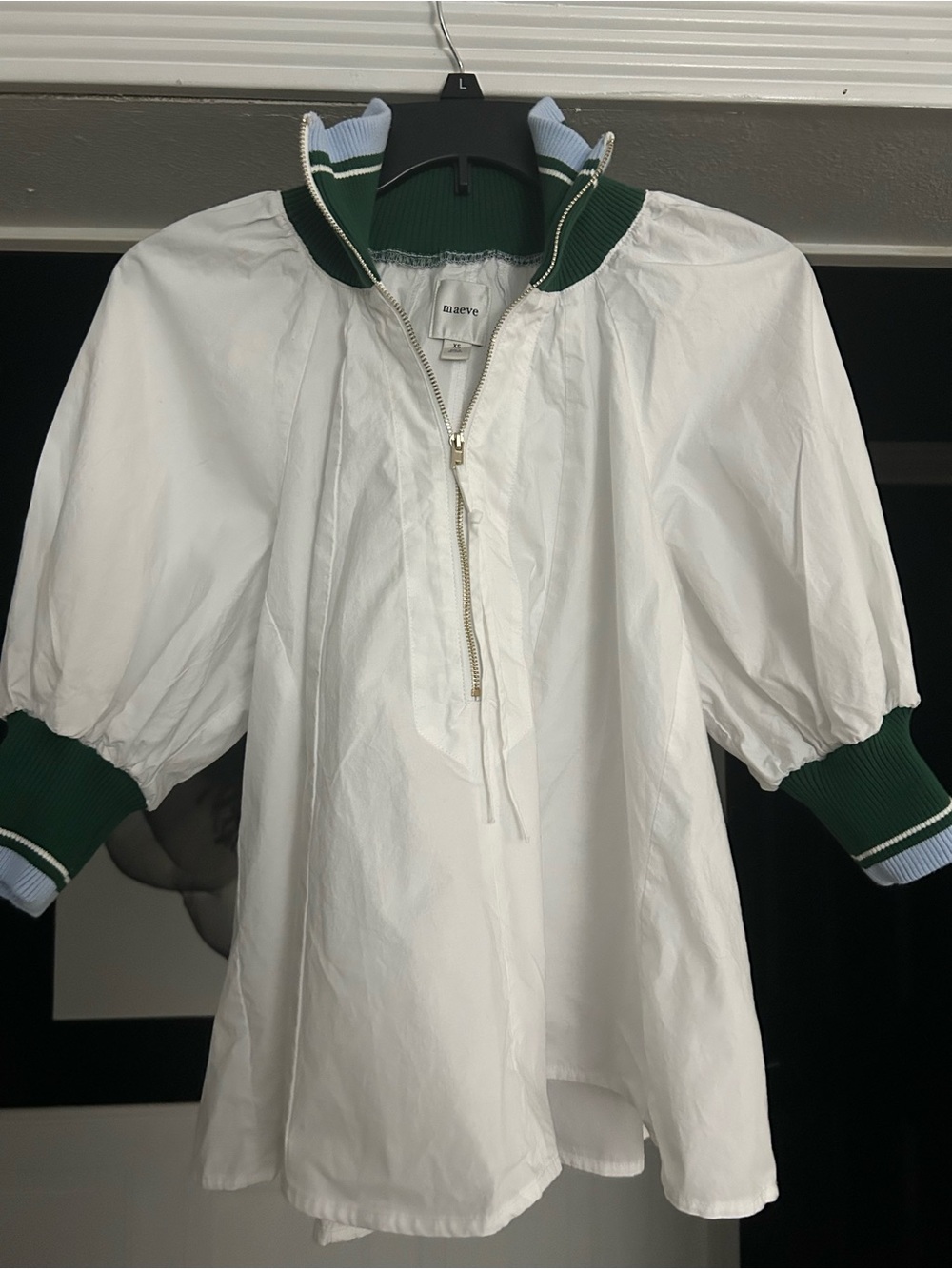 Maeve White Poplin Button-Front Shirt with Green Rib Trim